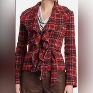 Anthropologie Tabitha Moretown Wool Blend Ruffle Jacket Size 0 Red Plaid Tweed